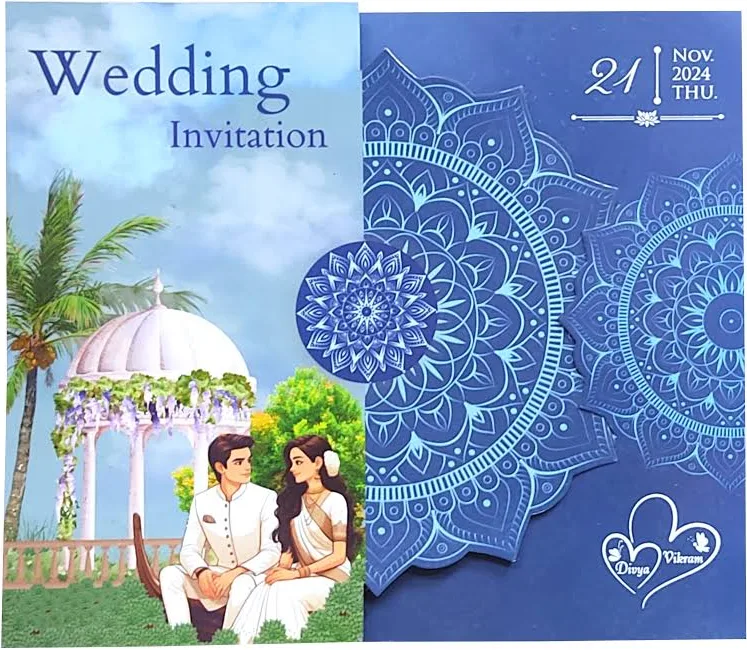 Blue Bride Groom Threefold Wedding Card