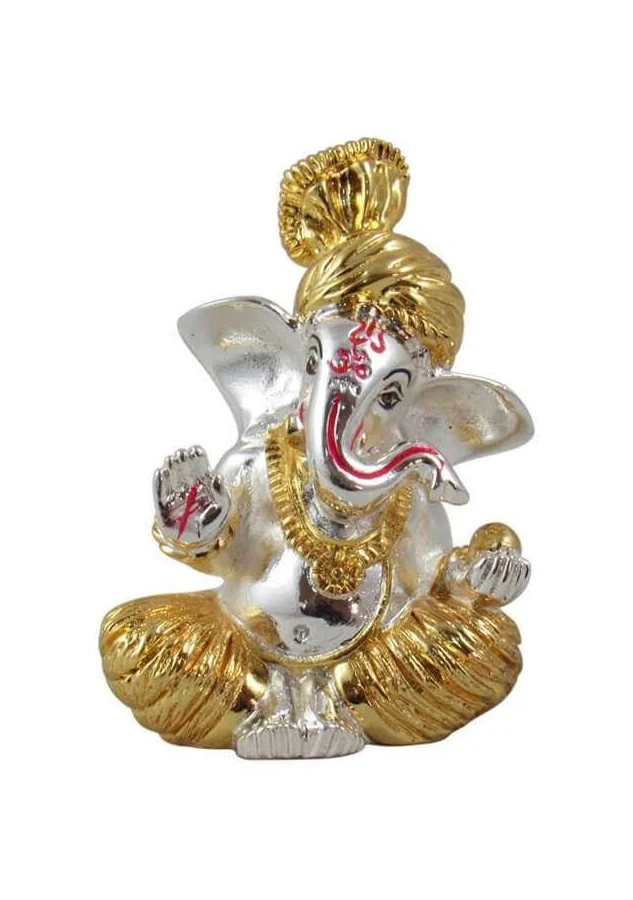 999 Silver & 24K Gold Plated Resin Paghdi Ganesha Idol for Gift