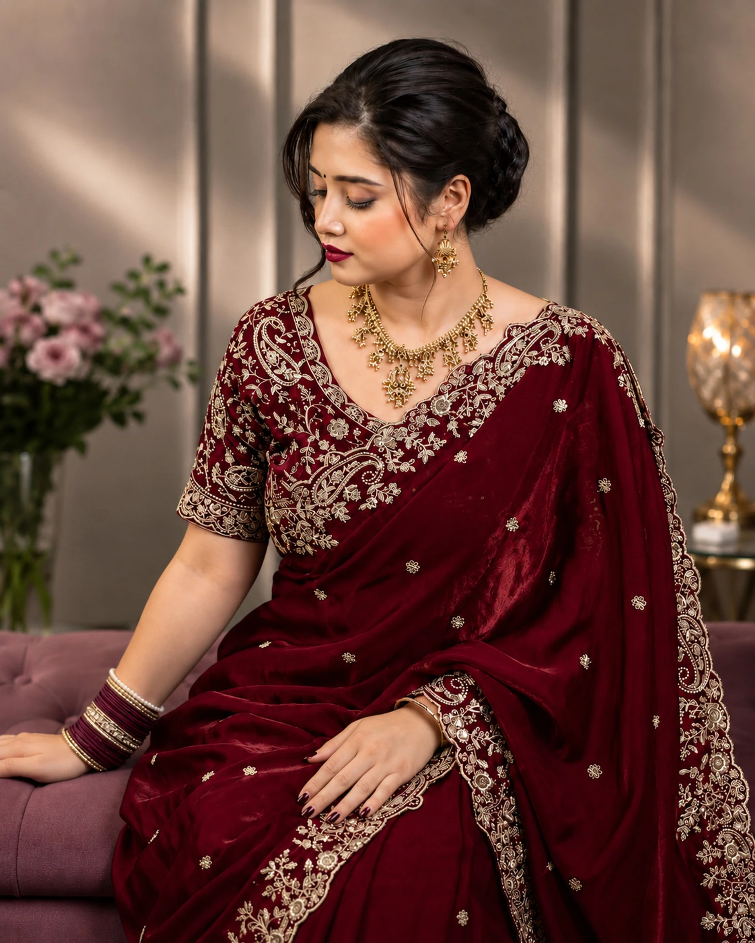 Silk Blend Saree (Maroon)