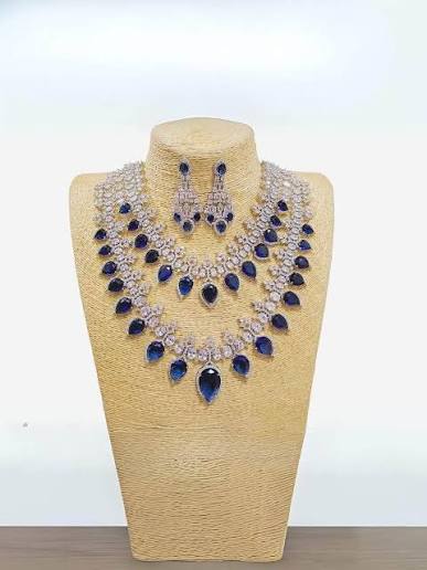 Two Layered Platinum Cz Necklace Set, Blue