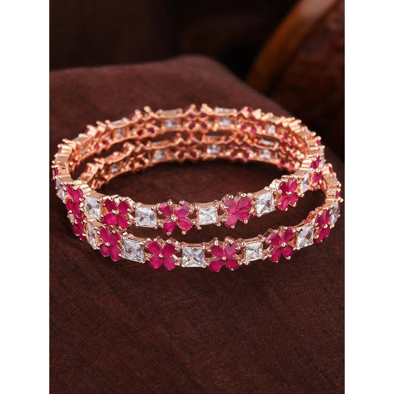 Estele Rose Gold Plated CZ Flower Designer Bangle
