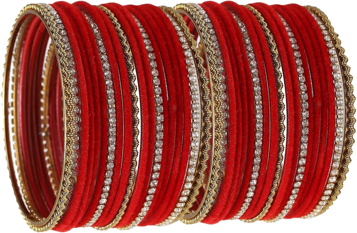ZENEME Gold-Plated Matte Finish Velvet White American Diamonds Studded Bangles