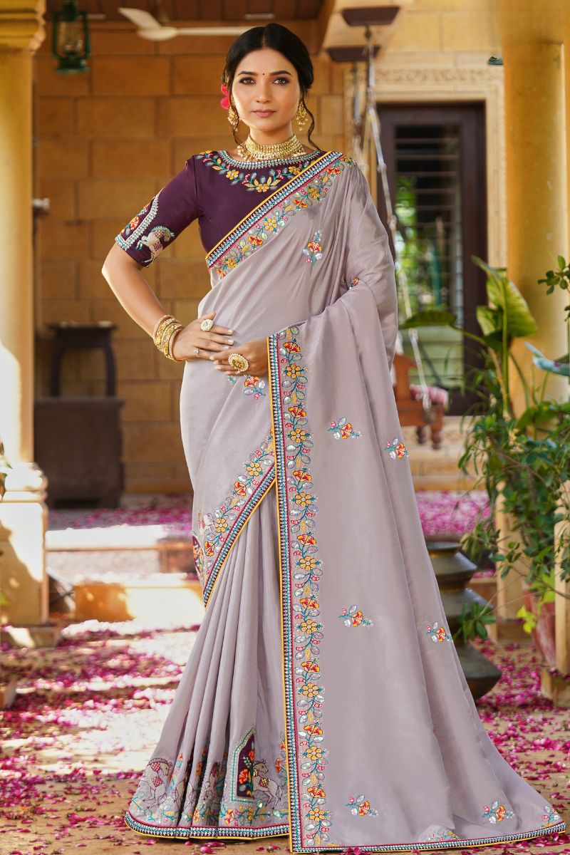 Violet Silk Partywear Embroidered Saree