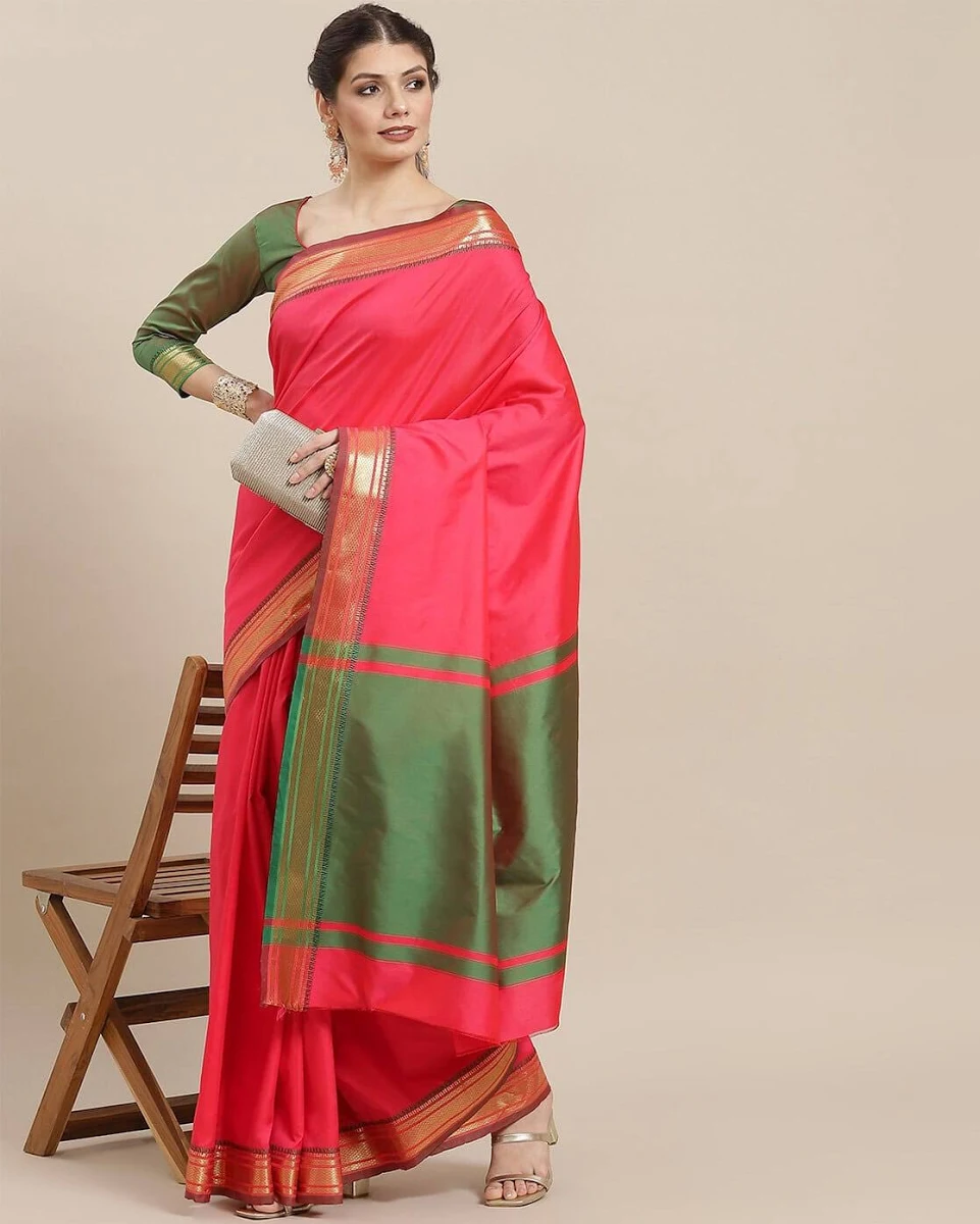 KAVINDI Women Saree with Contrast Border For Women (Pink, OS)