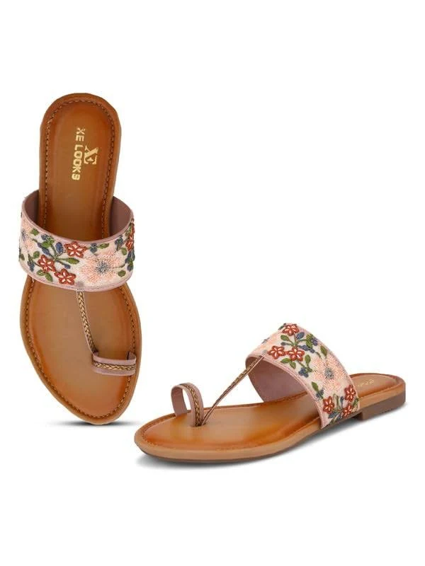 Girls XE Looks Women’s Embroidered Toe-Ring Flats Elegant Floral Strap