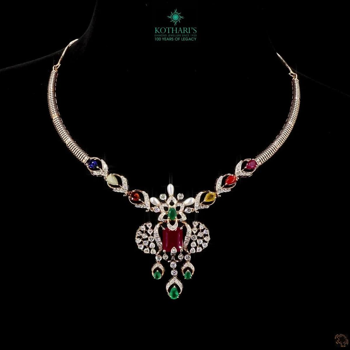 Navratna Diamond Necklace – Nine Gemstone & Natural Diamond Choker