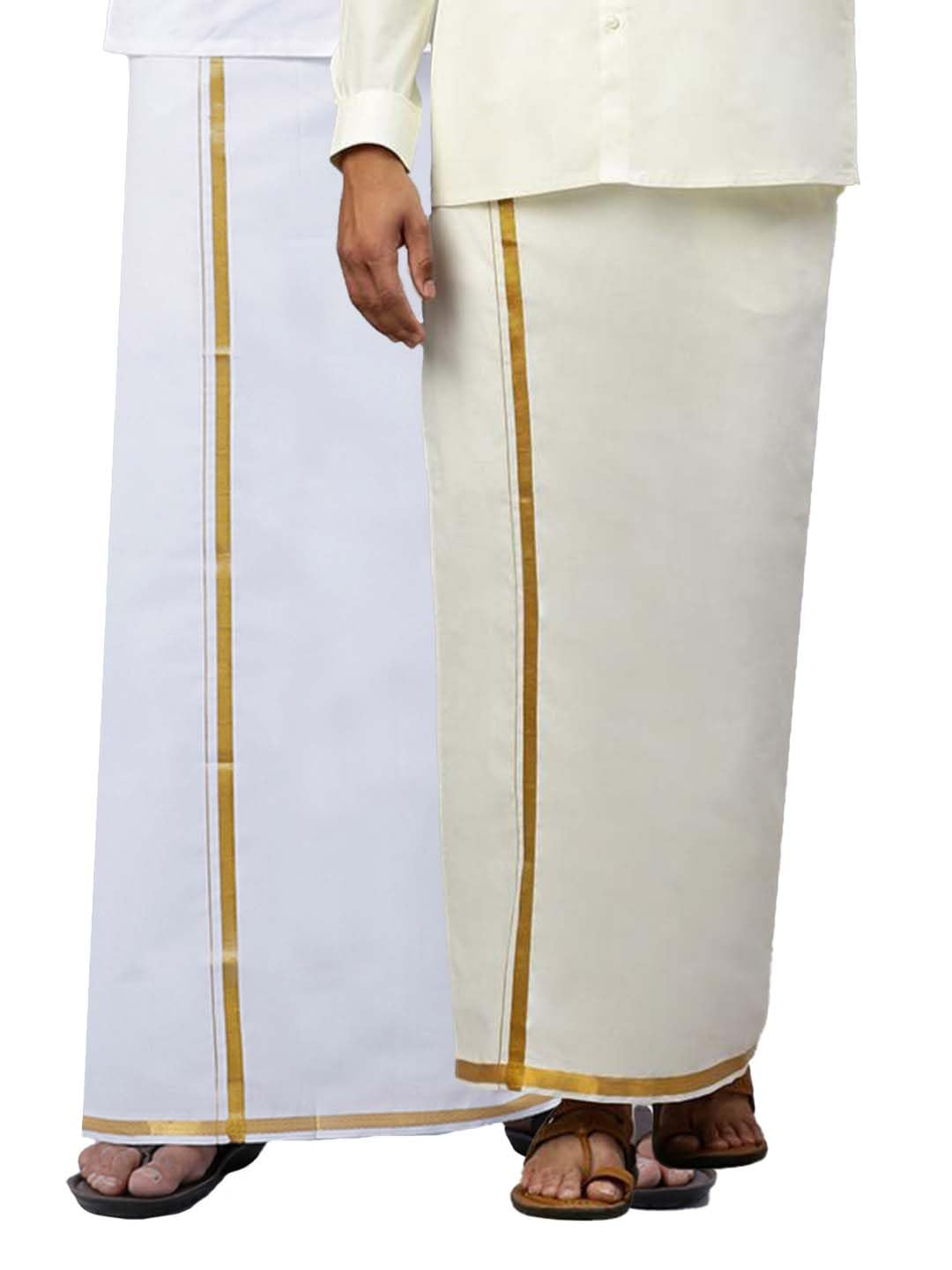 RAMRAJ COTTON Men Cotton Single Layer Dhoti with Gold Jari Border