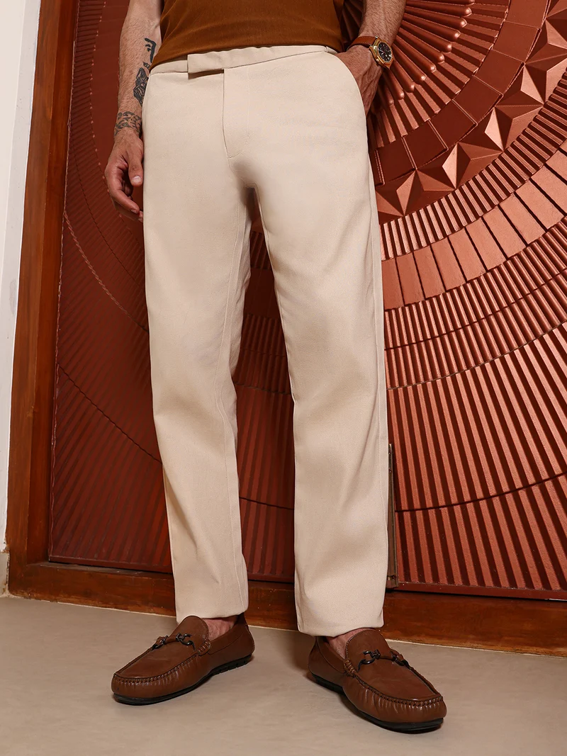 Flexi-Waist Knitted Beige Regular-Fit 100% Cotton Trouser