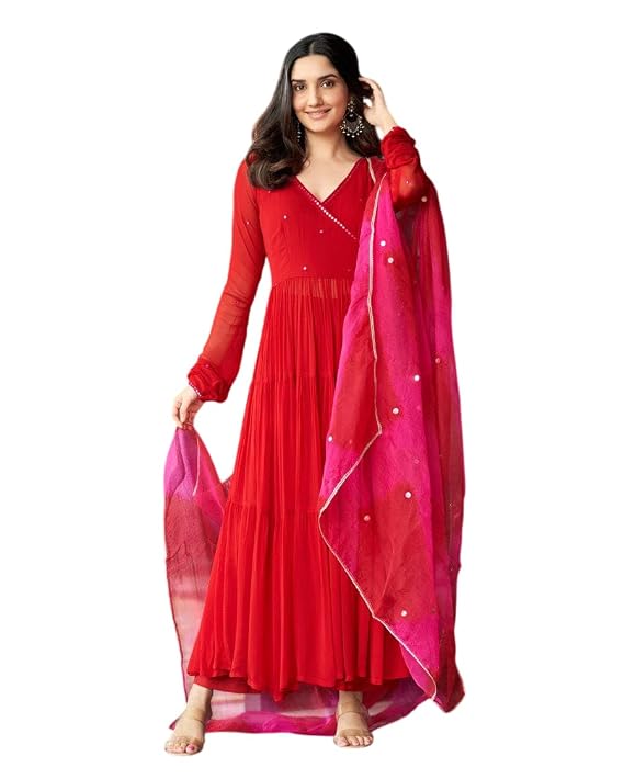 PihuCraftWomen’s Georgette Solid with Minimal Embellishment Long Anarkali Kurti