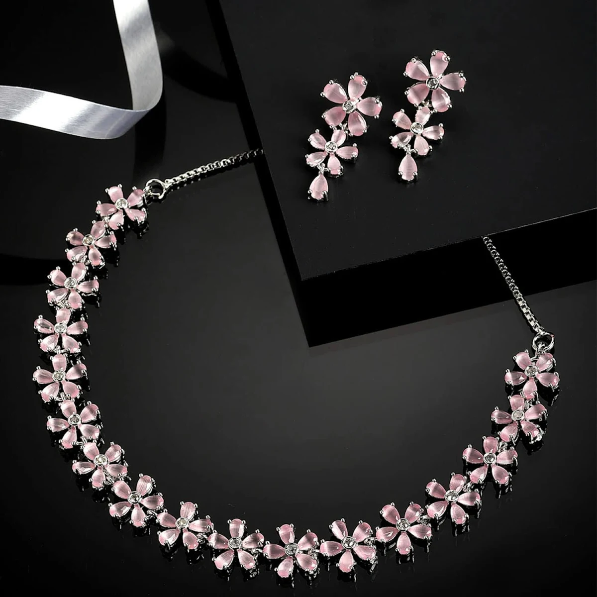 ZENEME Rhodium Plated Silver Toned White American Diamond Studded Flower Shaped Jewellery