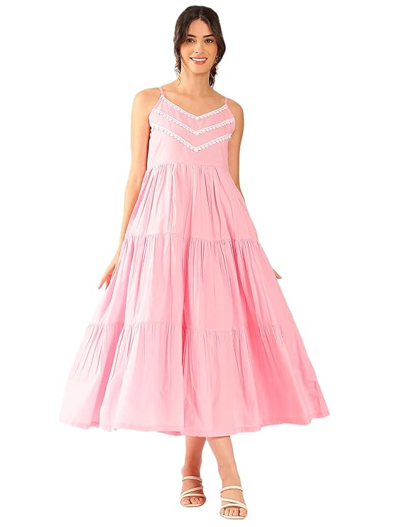 Vbuyz Solid Tired Sleeveless Fit & Flare Cotton Maxi Dress