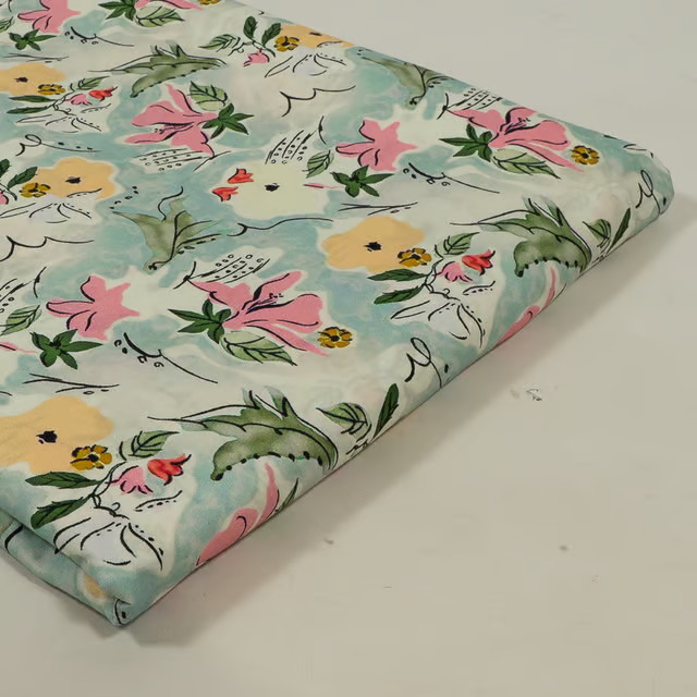 Sea Green Colour Lawn Cotton Digital Printed Fabric (70cm Cut piece)