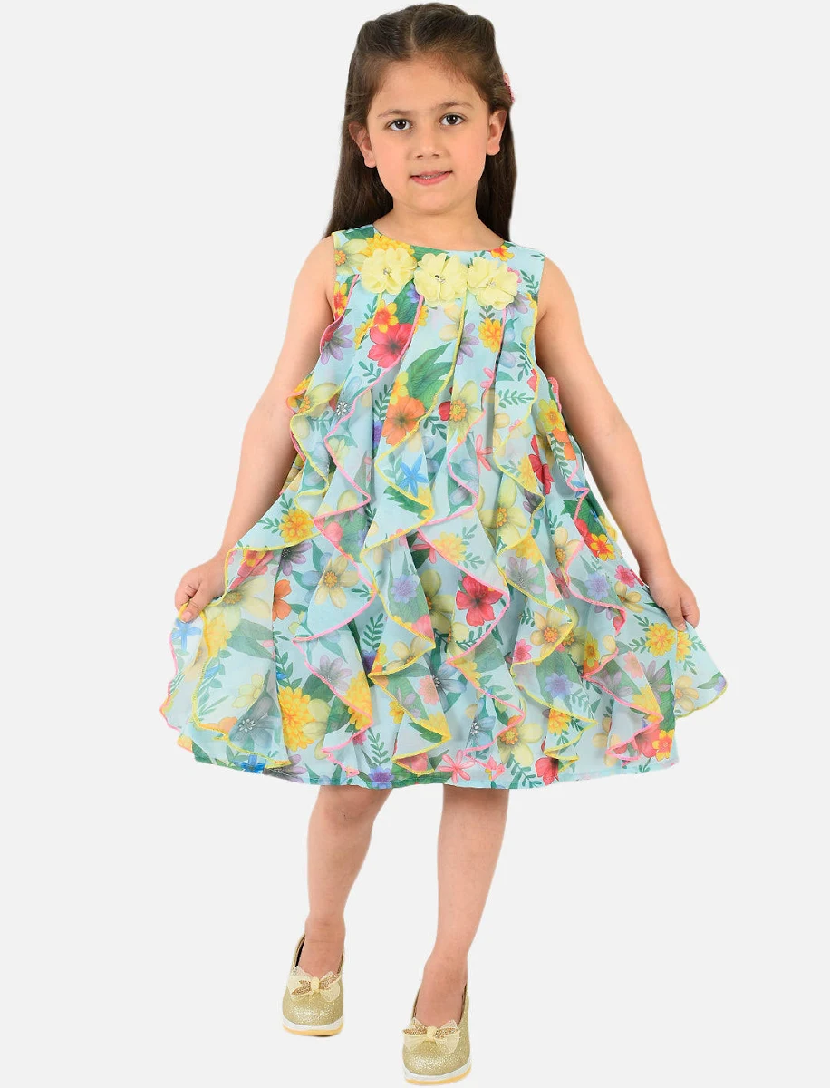 Nautinati Girls Georgette All-over Floral Print & Applique Ruffle A-line Dress