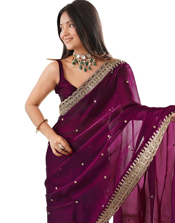 SIRIL Women’s Satin Tissue Sequence Embroidery Scalloped Border Saree