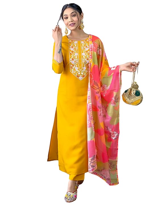 Naixa Women’s Rayon Embroidered Straight Kurta with Pant and Dupatta