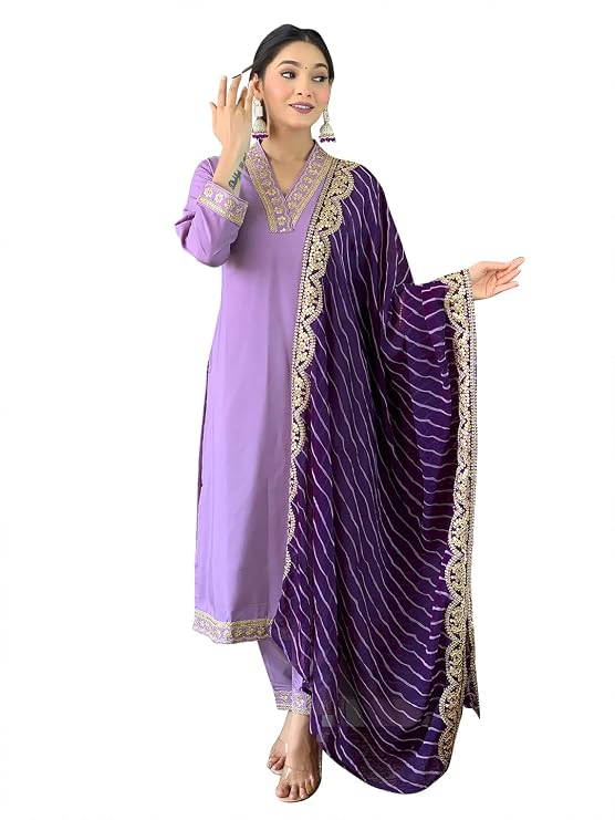 Naixa Women’s Rayon Embroidered Straight Kurta with Pant and Dupatta Set