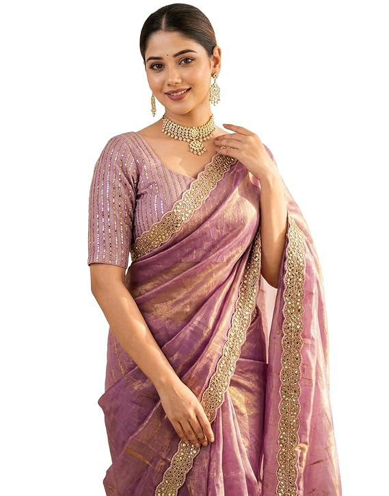 SIRIL Women’s Satin Tissue Sequence Embroidery Lace Border Saree