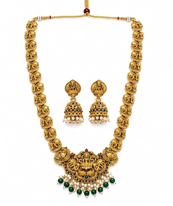 Gold Finish Goddess Lakshmi & Peacock Motif Long Necklace Set