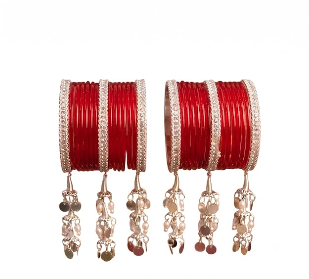 Bridal Red Bangles Set with Silver Latkan Chura, 2 Dozen