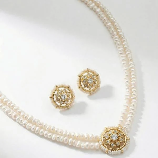 Celestial Radiance Double-Strand Pearl Necklace & Earring Set