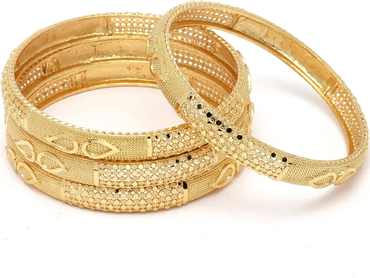 ZENEME Set Of 4 Gold-Plated Classic Paisley Shaped Textured Handcrafted Bangles
