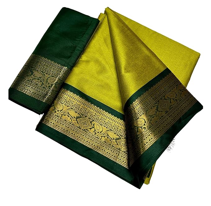 Paramparik Textile Traditional Handloom Silk Saree with Gold Zari Border, Lime Green and Dark Green