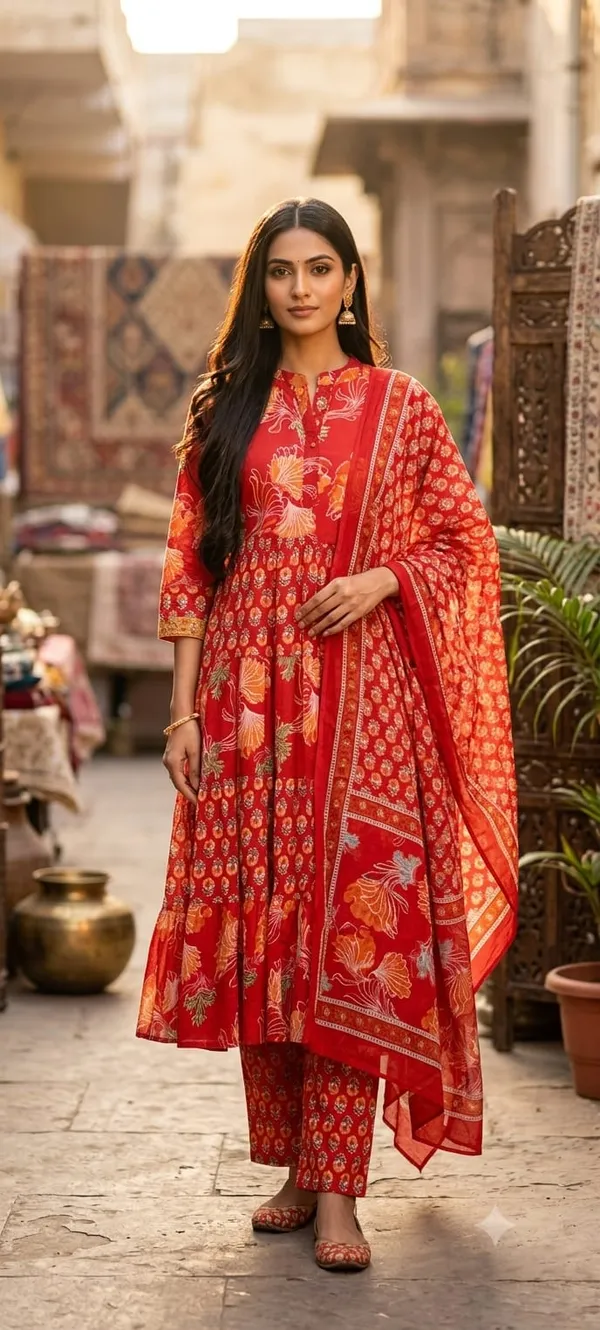 Shree Red Cotton Anarkali Dress