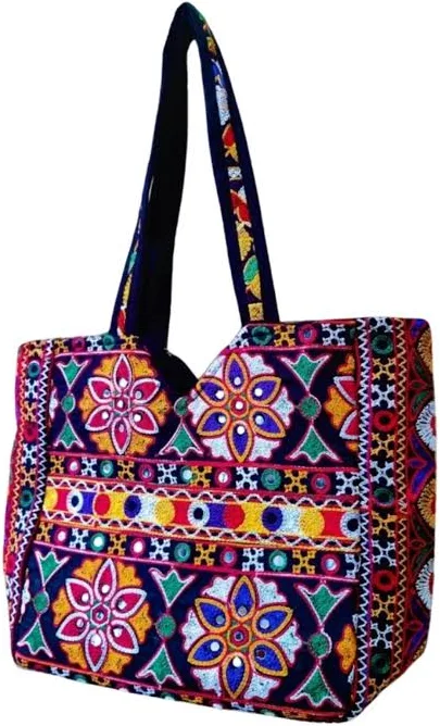 NAKASA Handicraft Women’s Gujarati Mirror Work and Flower Embroidery Regular Black Shoulder Bag