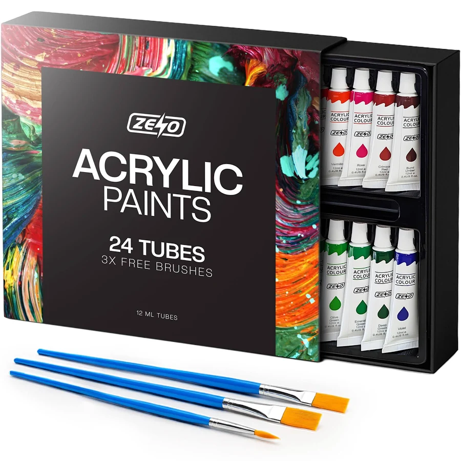 ZENO Acrylic Paint Set of 24 Colour Tubes with 3 Paint Brushes