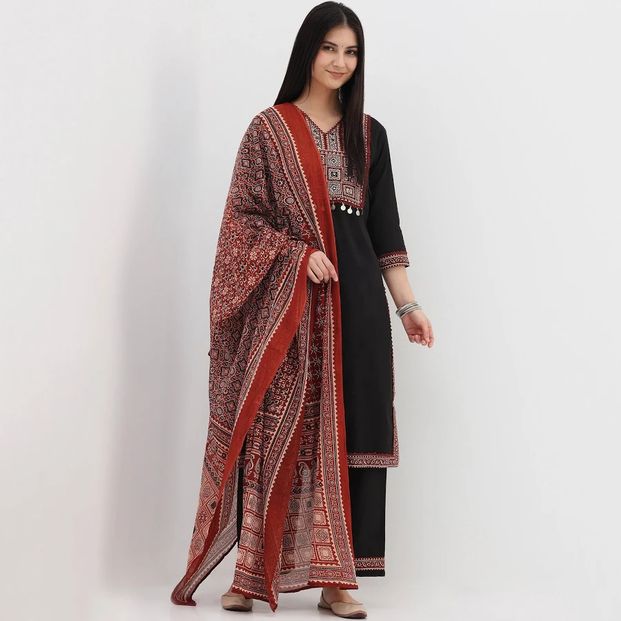 Cotton Printed V-Neck Kurta with Pant and Dupatta Set