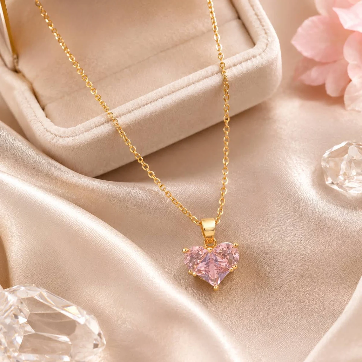Salty Pink Crystal Gold Necklace – Delicate Link Jewelry for Women with Lobster Clasp