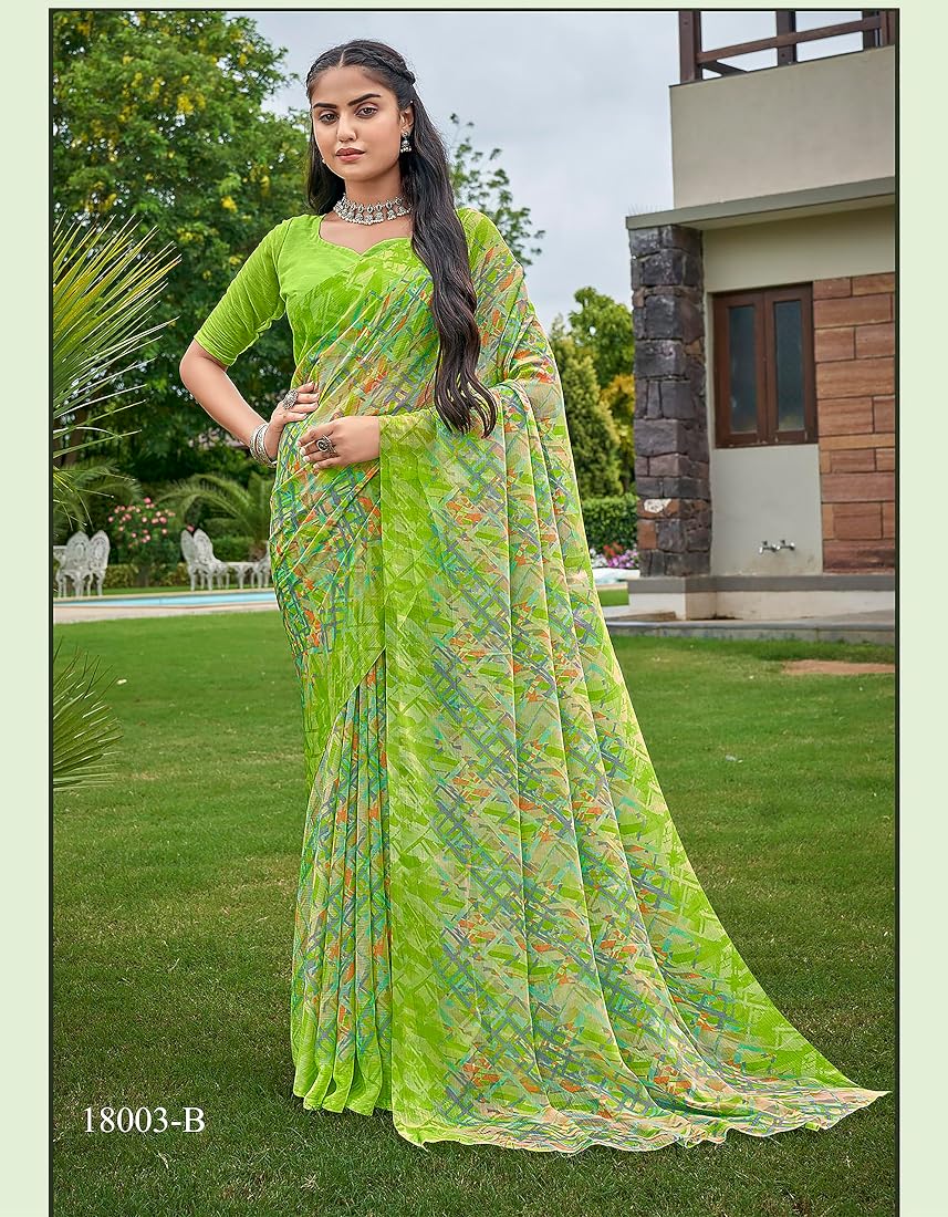 NK Textiles Women’s Geometric Print Chiffon Saree with Blouse