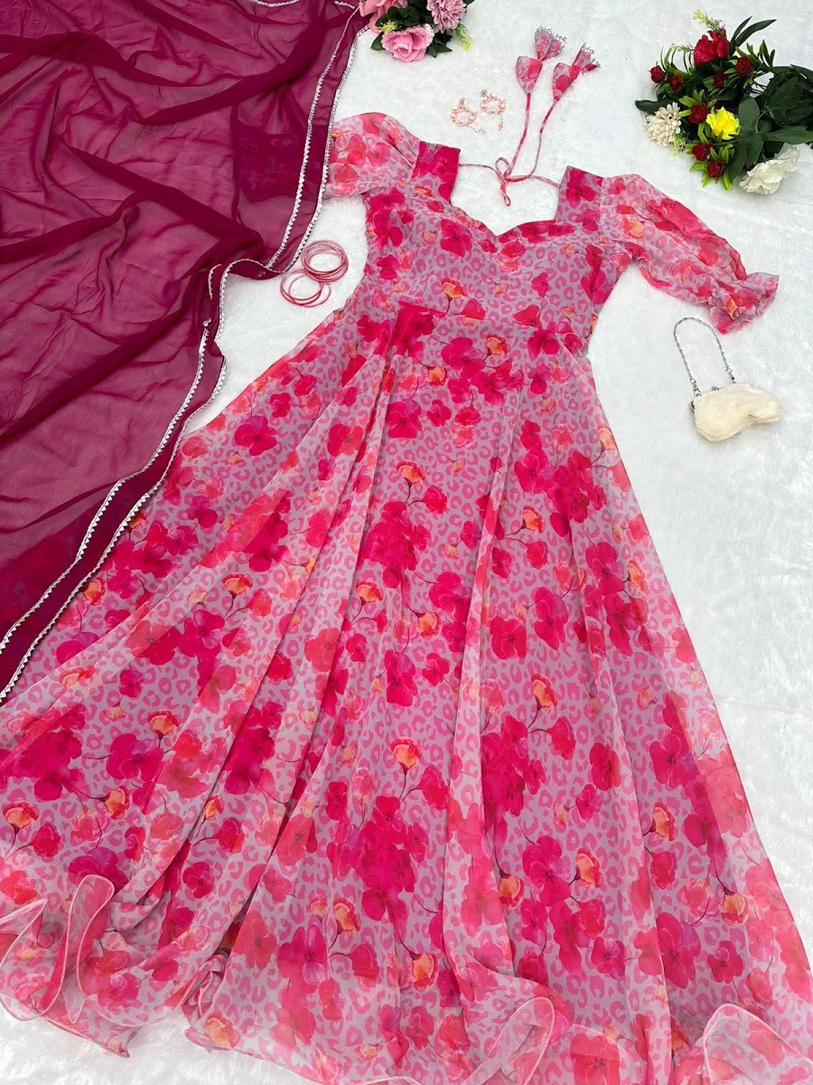 Ifashion Printed Crepe Stitched Anarkali Gown (Pink)