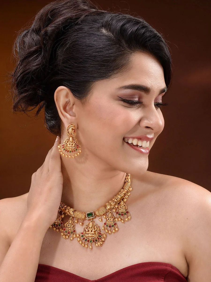 Saraf RS Jewellery Gold-Plated CZ-Studded & Beaded Temple Necklace and Earrings