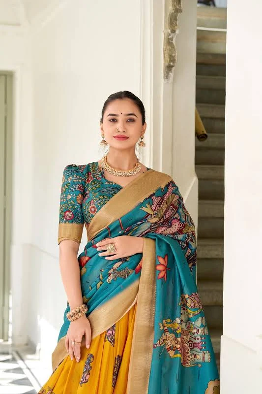 Golden Sunbeam & Teal Kalamkari Dola Silk Lehenga Set