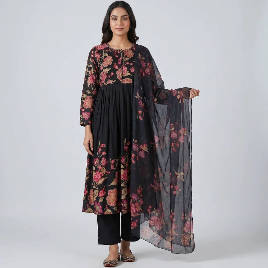 Buy Now – Cotton Printed Kurta and Pant with Dupatta Set – Style Union S / Black