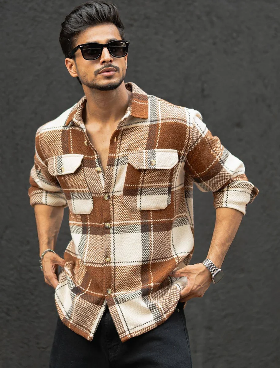 Brown And Off-White Checked Shirt for Men