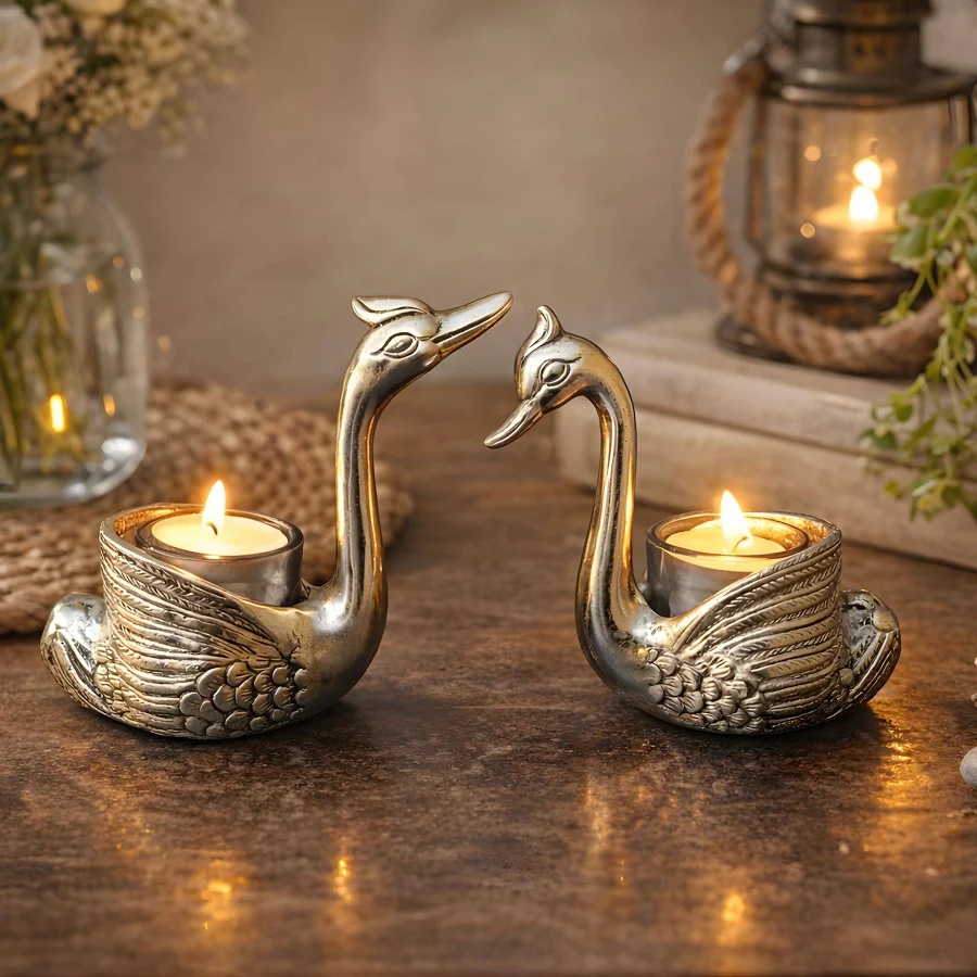 Hastam Metal Swan Plated Showpiece Set of 2 with Glass Candles | Feng Shui Love Gifts