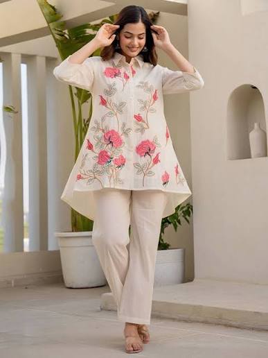 Off White Embroidered A Line Short Kurti Pant set