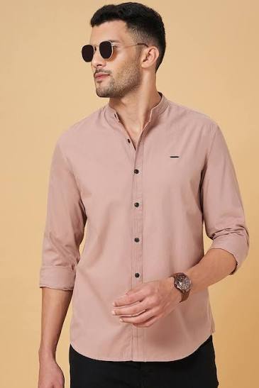 Pink Solid Casual Full Sleeves Mandarin Collar Men Slim Fit Casual Shirts