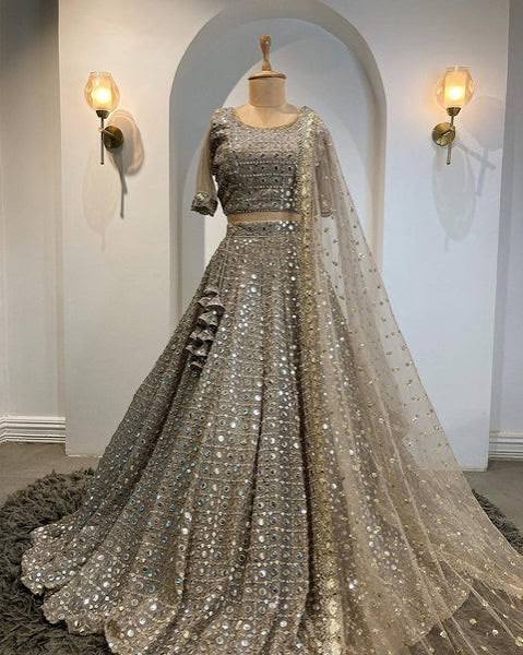 Fox Georgette Grey Lehenga Choli Dupatta Set with Paper Mirror & Jari Work