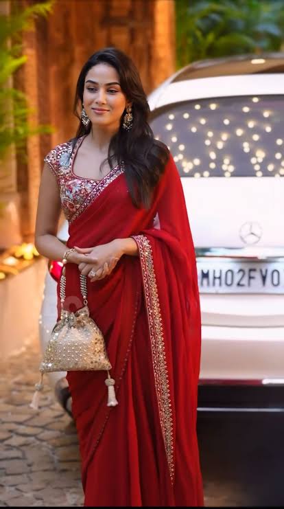Red Rangoli Silk Lace Embroidery Work Saree