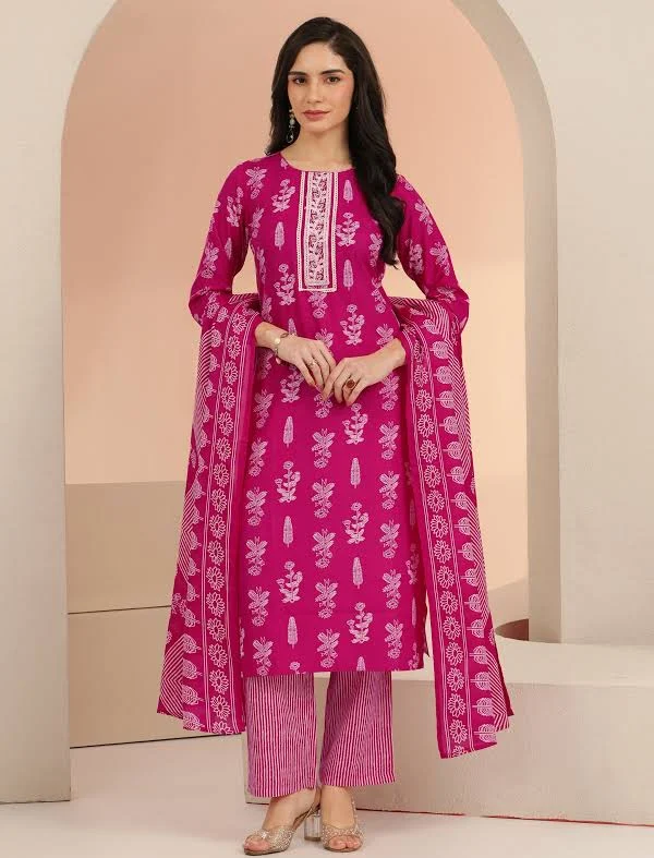 Women Libas Gerua Rani Pink Floral Printed Straight Suit Set