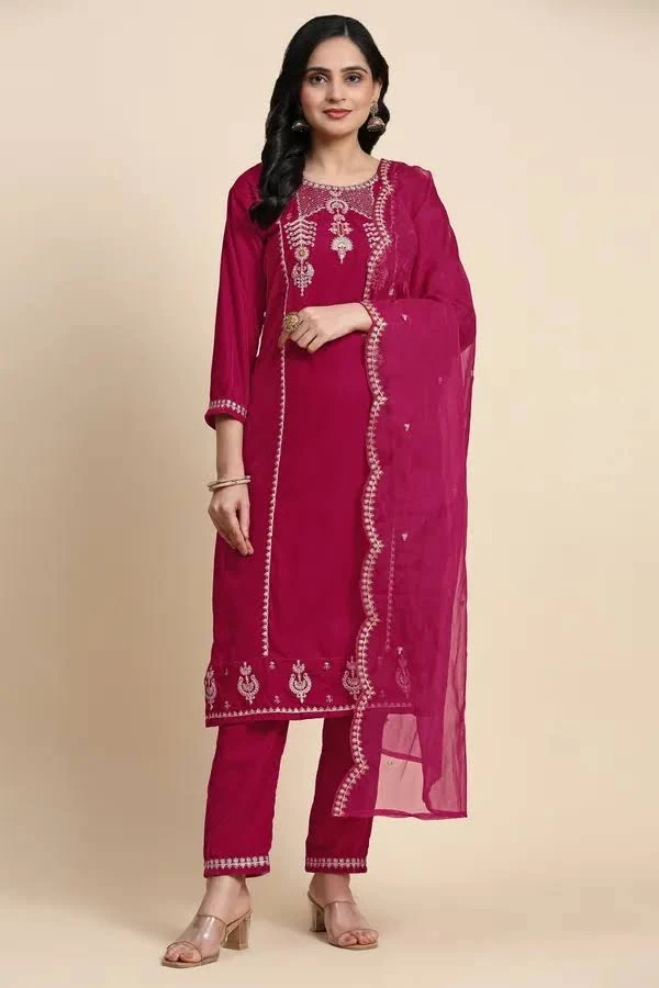 TRENDMALLS Pink Velvet Embroidery Straight Kurta Pant Set With Dupatta For Women