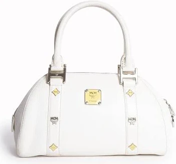 MCM White Grained Leather Boston Bag