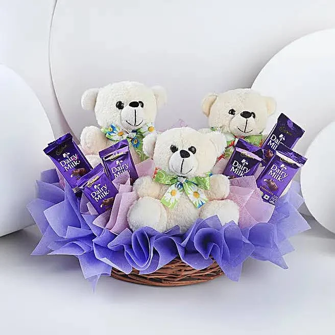 Teddy Bear & Cadbury Chocolate Gift Basket in Cane Basket