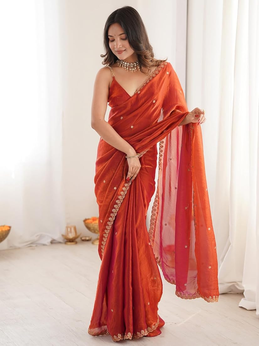 AKHILAM Women’s Shimmer Tissue Embroidered Saree With Unstitched Blouse Piece