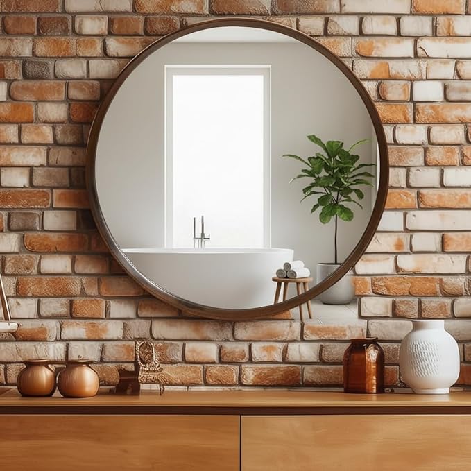 Round Wall Mirror with Durable Wooden Frame