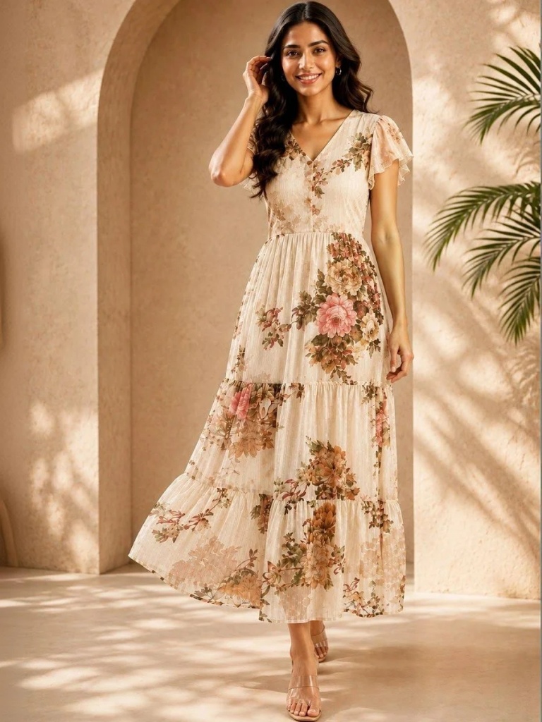 LUXURY WOMENSWEAR Floral Print Flutter Sleeve Chiffon Maxi Dress