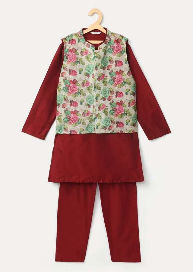 Stop-Printed PST Mandarin Boys Kurta Pyjama Jacket Set